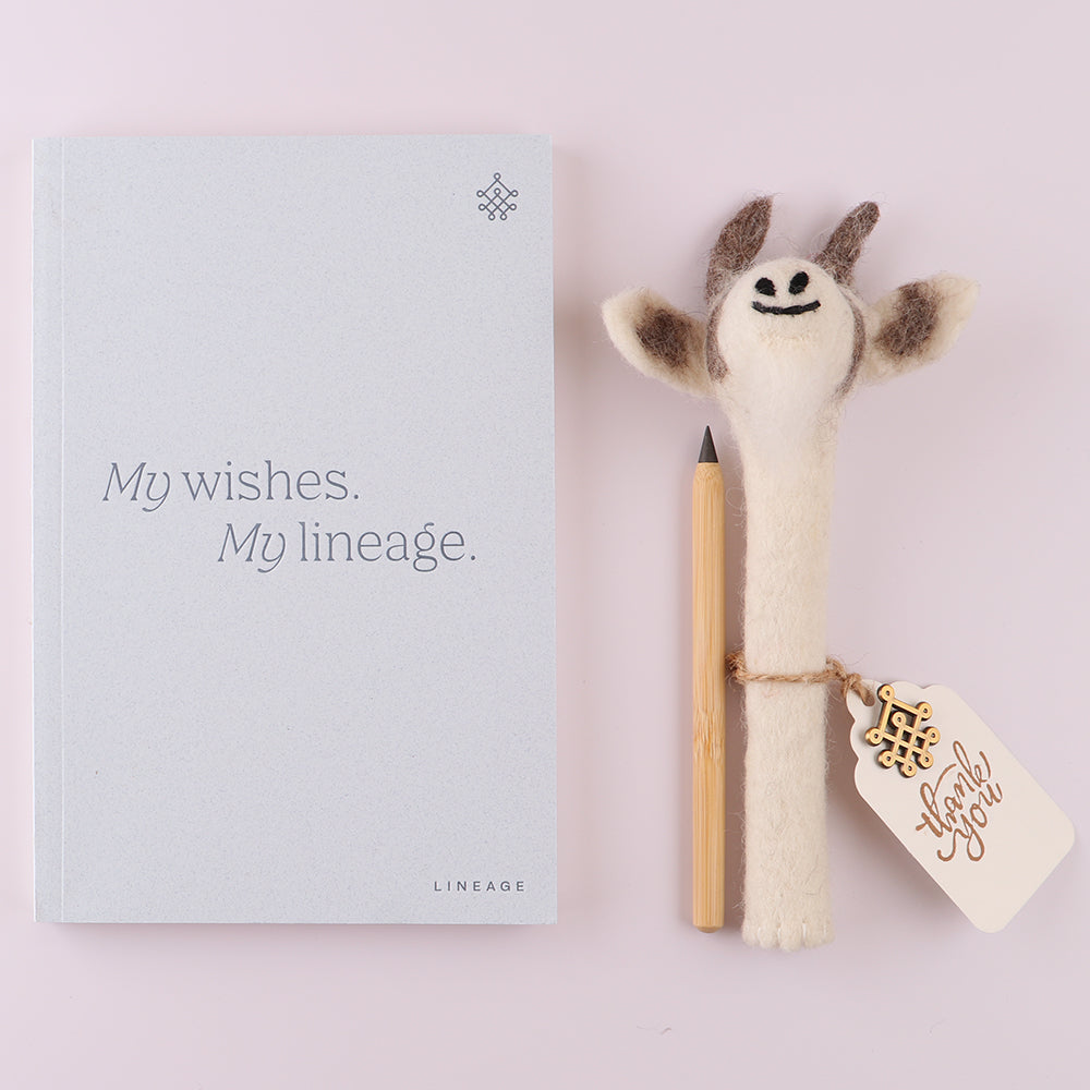 Lineage Journals help you to take care of your thoughts, ideas, wishes, moments, and your lineage.
For every Lineage Journal Set purchased, Lineage will make a donation directly to Three Wishes for Ruby's Residents - a youth-led nonprofit that fulfills small wishes and needs for seniors across America. Little wishes, BIG impact. For more information: 3wishesproject.org
Lineage Journal Set includes:
"My Wishes. My Lineage." Journal
Signed by Ruby Kate Chitsey, CEO of Three Wishes for Ruby's Res